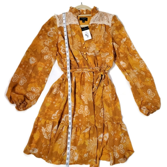 Tahari ASL Lace-Trim Tierred Split Neck Dress SZ 2 NWT Mustard Coquette Girl - Picture 5 of 11